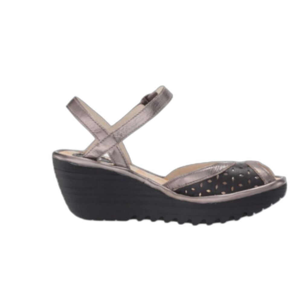 FLY LONDON SIZE 7.5 YUMA WEDGE SANDAL PERFORATED ANKLE STRAP SILVER BLACK